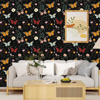 Extra Long Dark Butterfly Wallpaper Peelable, 17.5In x 393In Boho Black Floral Self-Adhesive Removable Wall Paper for Bedroom Cabinet Drawer, Vintage Vinyl Colorful Contact Paper Wall Decor
