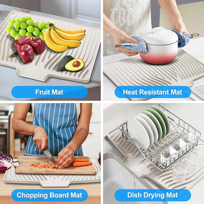 Silicone Dish Drying Mat for Kitchen Countertops and Sinks,19 x13.7 Inch Non Slip Heat Resistant Mat with Built In Drainage System,For Refrigerator and Drawer Liners (Creamy-white, 19 x13.7 Inch)