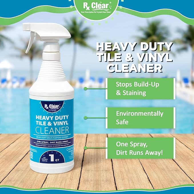 Rx Clear Title Heavy Duty Tile & Vinyl Cleaner | Multi-Purpose Chemical for Indoor and Outdoor Surfaces Including Swimming Pools | Cleans On Contact | 1 Quart Bottles | 4 Pack