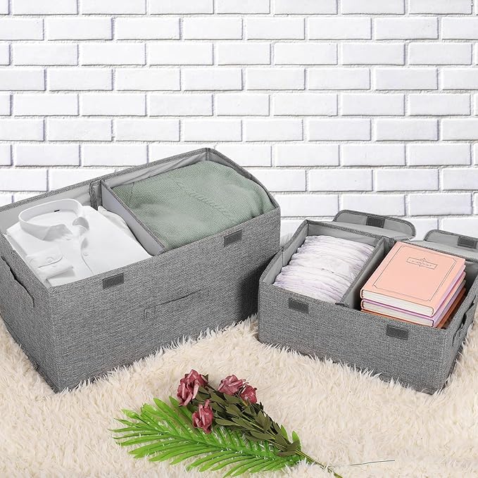 2 Pack Large Storage Boxes with Lids and Handles, Collapsible Linen Storage Bins Organizer Containers Baskets Cube with Removable Divider for Home Bedroom Closet Office (Orange, Small)