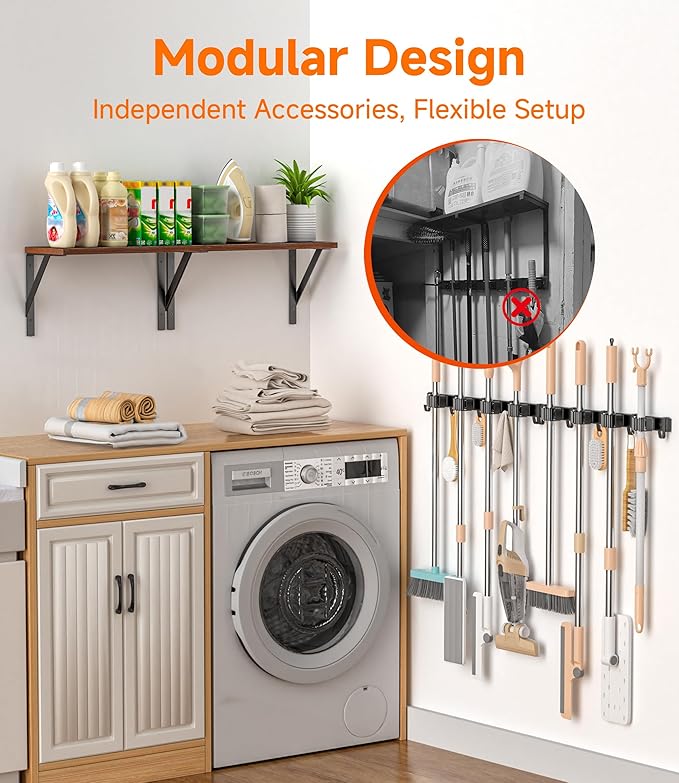 2Pack Broom Holder Wall Mount with Organizer Shelf, Space-Saving Broom and Mop Organizer Wall Hanging with 8 Broom Slots 10 Removable Hooks, Laundry Room Shelves for Laundry Room Garage Garden Closet