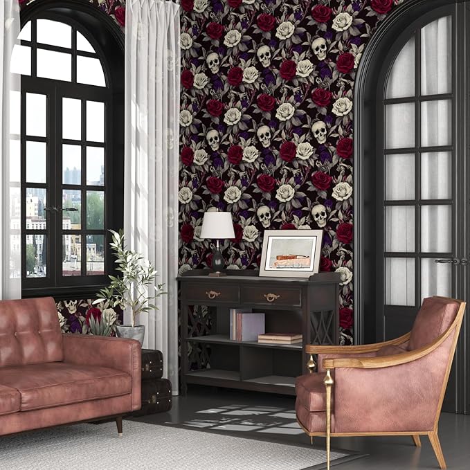 Skull Wallpaper Peel and Stick, Gothic Dark Purple/Red Rose Floral Contact Paper, Vintage Botanical Wall Paper Self Adhesive Removable Waterproof for Bedroom Shelves Cabinet Drawer Table 17.5" x 118"