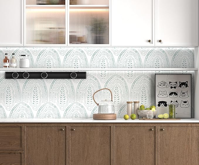 Modern Peel and Stick Wallpaper Boho Contact Paper 17.3''×78.8'' Self Adhesive Removable Wallpaper Peel and Stick Wall Paper Green and White Wallpapers for Bedroom Bathroom Cabinets Decor Vinyl