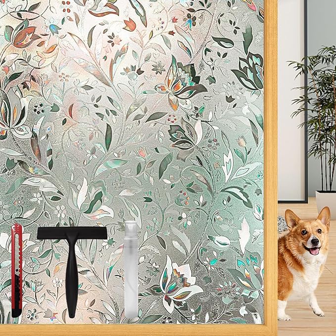 Frosted Tulip Patterned Window Privacy Film with Installation Tools, Stained Glass Decorative Film, Removable, Peep-Proof, Static Cling (29.5 x 157.5 Inch)