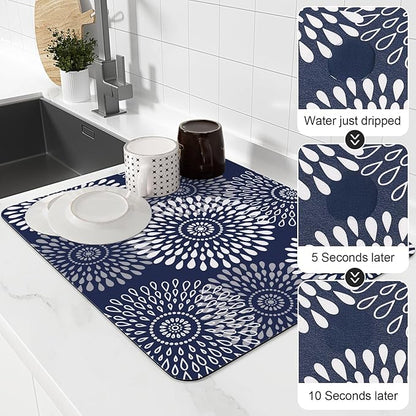 LuxStep Dish Drying Mat Super Absorbent Kitchen Counter Mat Rubber Backing Draining Mat Easy to Clean Kitchen Accessories Dish Rack Pad for Dishes, Utensils, Countertops, Sinks 15" x 18" Blue