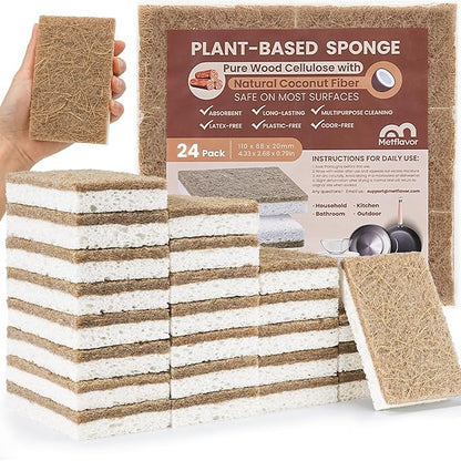 Metflavor Plant-Based Natural Kitchen Sponges,Biodegradable Non-Scratch Cellulose & Coconut Walnut Scrubber Sponge, Eco-Friendly & Sustainable (24 Pack)
