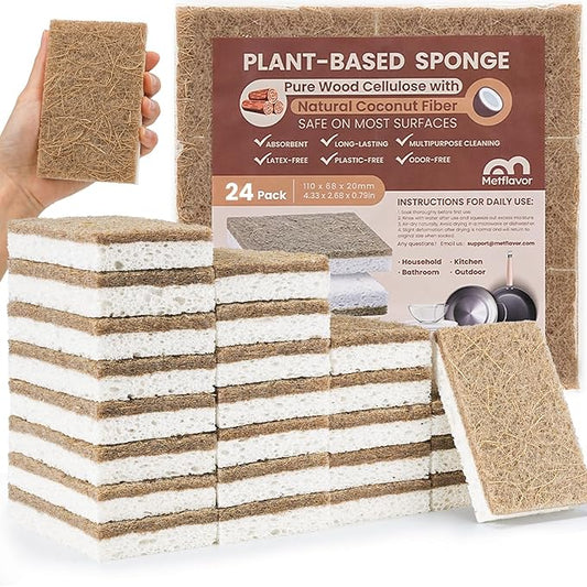 Metflavor Plant-Based Natural Kitchen Sponges,Biodegradable Non-Scratch Cellulose & Coconut Walnut Scrubber Sponge, Eco-Friendly & Sustainable (24 Pack)