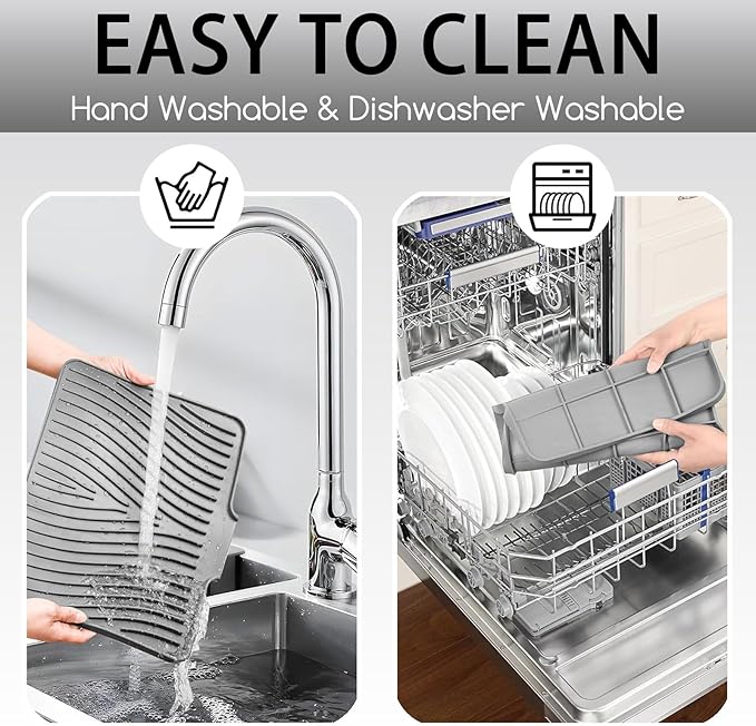 Large Premium Silicone Dish Drainers for Kitchen Counter - 18.5"x13" Non-Slip, Heat-Resistant (450°F) with Hanging Hole, Multi-Use Dish Rack Mat (Gray)