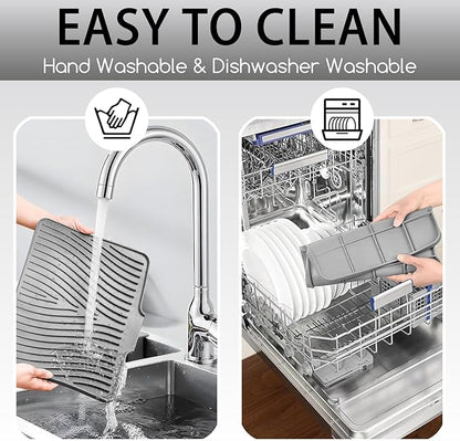 Large Premium Silicone Dish Drainers for Kitchen Counter - 18.5"x13" Non-Slip, Heat-Resistant (450°F) with Hanging Hole, Multi-Use Dish Rack Mat (Gray)