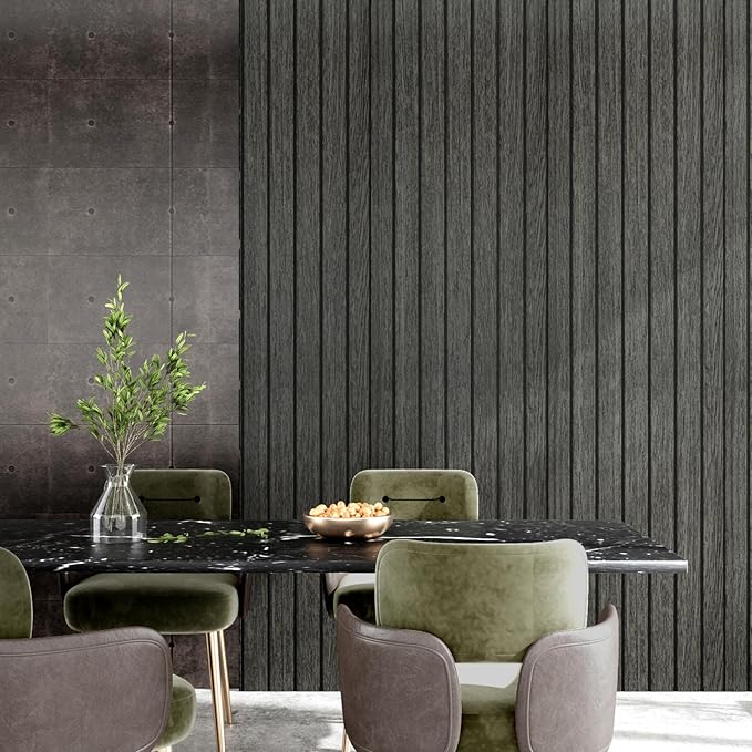 Wallercity Black/Grey Peel and Stick Wood Panels Removable 3D Wood Grain Slat Soundproof Wall Panel for Walls Self Adhesive Vinyl Wooden Fluted Wall Panels for Bedroom Bathroom RV Basement 11.7"x197"