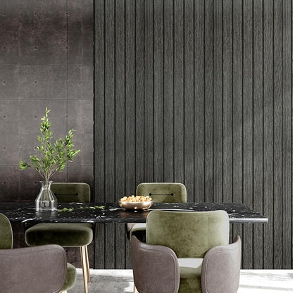 Wallercity Black/Grey Peel and Stick Wood Panels Removable 3D Wood Grain Slat Soundproof Wall Panel for Walls Self Adhesive Vinyl Wooden Fluted Wall Panels for Bedroom Bathroom RV Basement 11.7"x197"