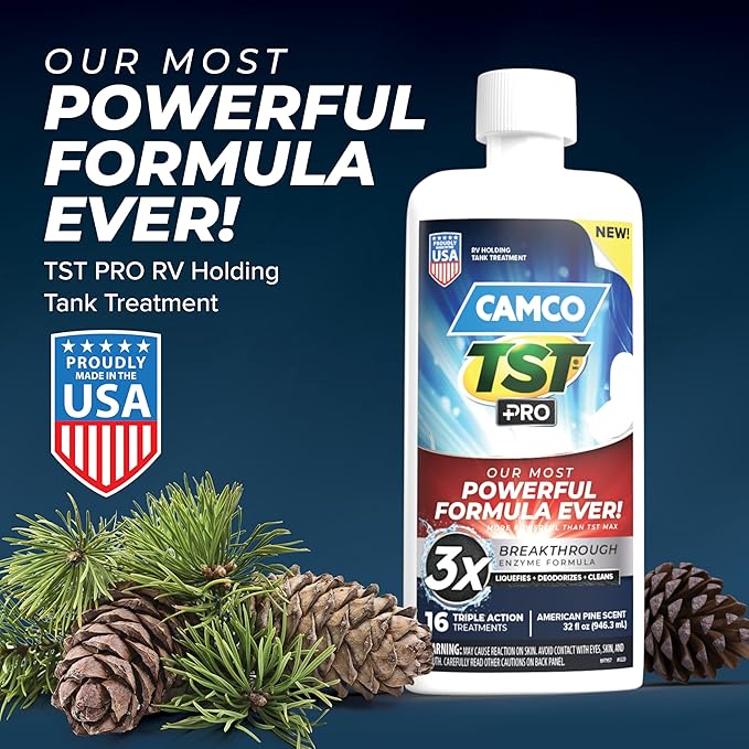 Camco TST PRO Camper/RV Toilet Treatment - Innovative Bio-Enzymatic Formula -Fastest Odor Stopper & RV Sewer Waste Breakdown - RV Black Tank Treatment - Fresh Pine Scent - Septic-Safe, 32-Oz (41771)