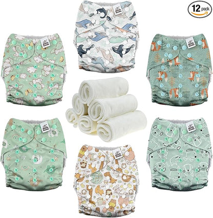 Mama Koala 3.0 Pocket Cloth Diapers for Babies with AWJ Lining, 6 Pack with 6 4-Layer Natural Cloth Diaper Inserts - Reusable and Washable Pocket Diapers (Adorable Animal)