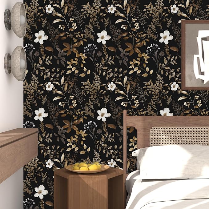 Laatse Black Floral Wallpaper Peel and Stick Boho Wallpapers 17.5" x 118" Gold Leaf Contact Paper for Cabinets Waterproof Self Adhesive Removable Wall Paper for Kitchen Table Countertop Walls