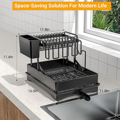 Large Dish Drying Rack 2 Tier for Kitchen Counter, Anti-Rust Metal Dish Rack with Lock & Lift System & Retractable Auto-Drain Spout, Escurridor de Platos with Cutting Board and Utensil Holder
