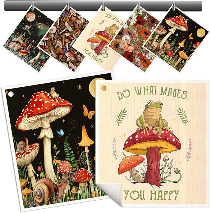 Swedish Dishcloths for Kitchen - 5 Pack Reusable Dish Cloths for Washing Dishes Absorbent Cute Funny Kitchen Towels Cleaning Sponge, Mushroom Frog