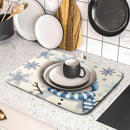 Winter Snowman Dish Drying Mat for Kitchen Counter 16x18 Blue Snowflake Bird Christmas Holiday Absorbent Reversible Microfiber Drying Mats Kitchen Countertop Protector Dishes Drainer Rack Pad