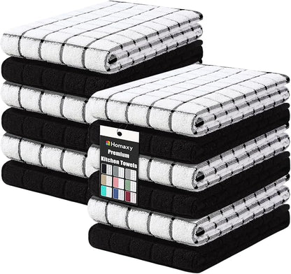 Homaxy Premium Cotton Kitchen Towels 16"x 28", Large Natural Ring Spun 390 GSM Dish Towels, Super Absorbent Terry Kitchen Hand Towels, Soft Tea Towels with Hanging Loop, Black Check Design, 12 Pack
