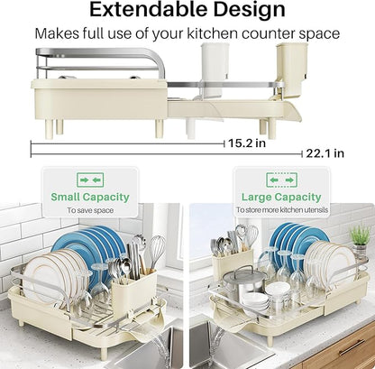 SNTD Dish Drying Rack, Expandable Dish Rack for Kitchen Counter, Stainless Steel Dish Drainer with Drainboard Set and Utensil Holder (Beige)