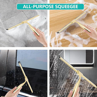 Shower Squeegee for Glass Doors,10 Inch Stainless Steel Squeegee for Shower Glass with Storage Hook, Shower Squeegee for Tile Shower Walls, Window Mirror Squeegee and Car Glass (Gold)