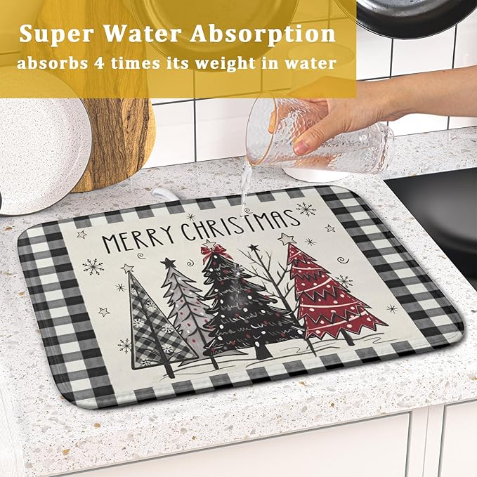 Merry Christmas Tree Dish Drying Mat for Kitchen Counter 16x18 Inch Black Red Grey Xmas Plaid Print Absorbent Reversible Microfiber Drying Mats Kitchen Countertop Protector Dishes Drainer Rack Pad