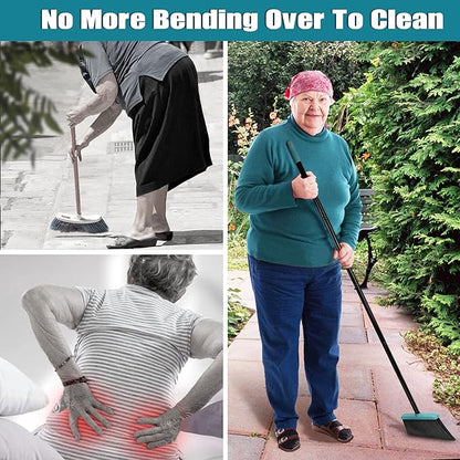 JEHONN Broom with Dustpan Combo Set, Long Handle Lightweight Indoor Broom Set, Upright Standing Dust Pan with Comb Teeth Store Sweep Set for Home Room Kitchen Office Lobby (Grey-Green)