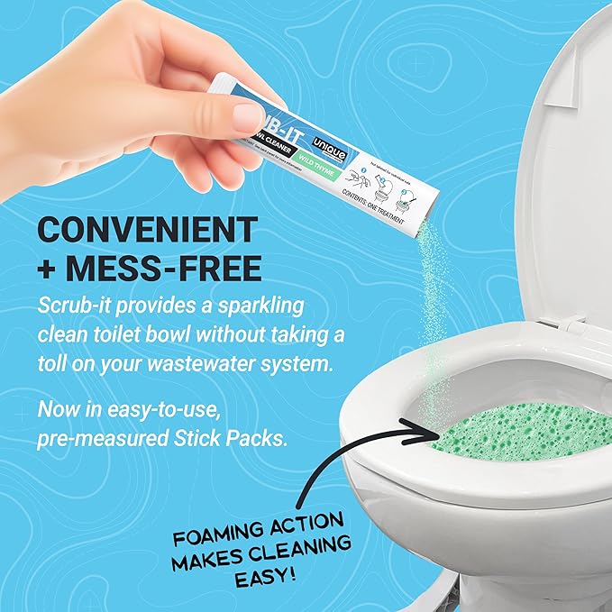 Unique Scrub-It Foaming RV Toilet Cleaner - Wild Thyme Scent, 15 Count Stick Packs, Premeasured, No-Mess, Grab-N-Go Powder Removes Stains from RV Toilet Bowls, Helps Lubricate Valves and Seals