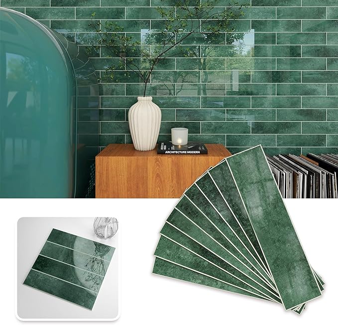 COLAMO 22PCS Green Peel and Stick Backsplash, Self Adhesive Glossy Subway Tile, Brick Mosaic Tile Stick on Backsplash for Kitchen, Bathroom, RV, Accent Wall