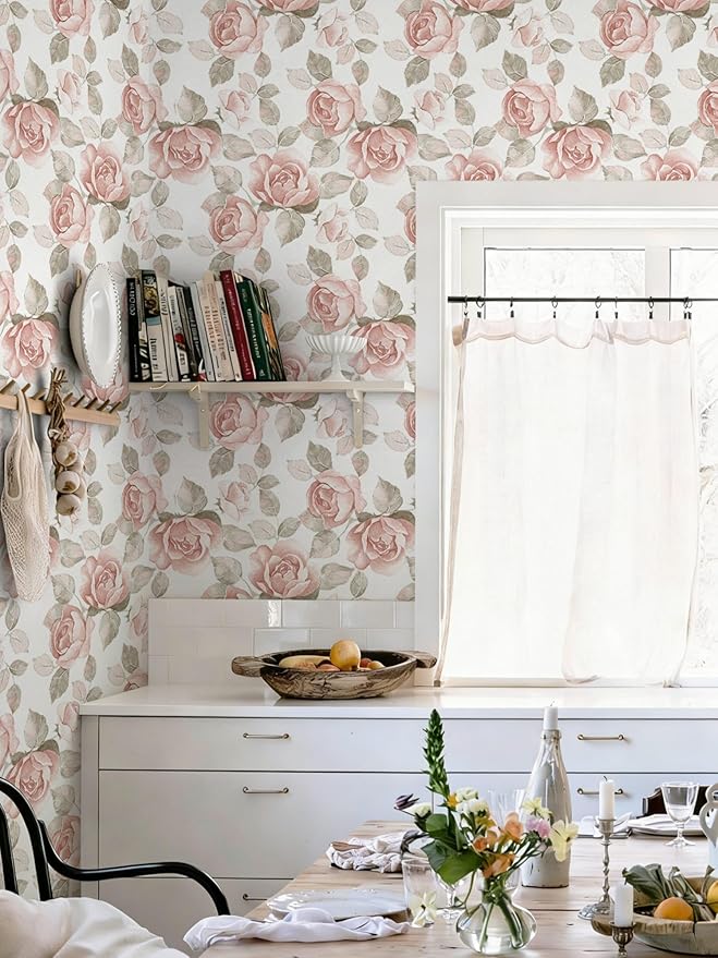 Heroad 16.1''x118'' Vintage Floral Peel and Stick Wallpaper Flower Contact Paper Retro Wall Paper Waterproof Removable Self Adhesive Wallpaper for Bedroom Living Room Cabinet Rose Decor Vinyl Roll