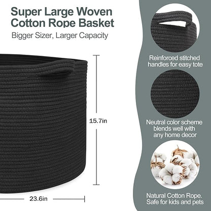 115L Super Large Black Blanket Basket, 23.6"x15.7" Woven Rope Bin for Storage, Oversized Kids Dog Toy Storage Box Bins, XXXL Blanket Holder for Living Room, Jumbo Wicker Basket for Organizing