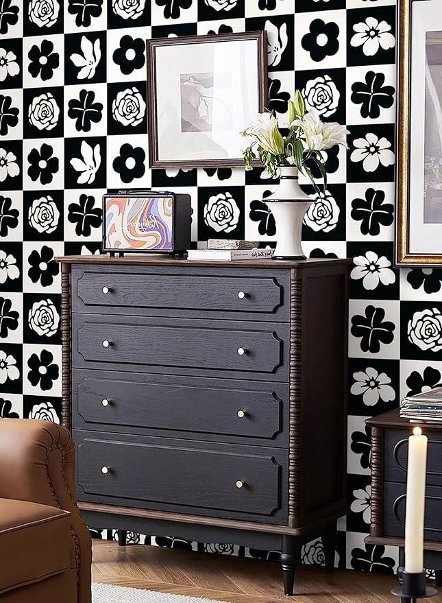 Dimoon 17.3''x78.7'' Peel and Stick Wallpaper Black White Floral Contact Paper Geometric Retro Vintage Thickening Embossed Cream Flower Renter Friendly Wall Paper Boho Aztec Bedroom Vinyl Wrap Roll