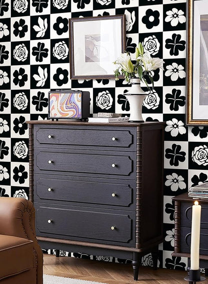 Dimoon 17.3''x78.7'' Peel and Stick Wallpaper Black White Floral Contact Paper Geometric Retro Vintage Thickening Embossed Cream Flower Renter Friendly Wall Paper Boho Aztec Bedroom Vinyl Wrap Roll