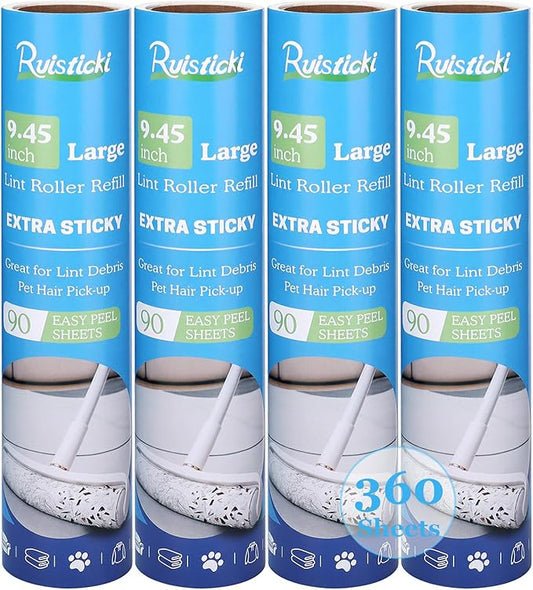 9.45 inch Lint Roller Refills for Large Long Handle Lint Rollers for Carpet 9.45'' Extra Sticky Floor Lint Roller 4 Pack of Refills Only, 90 Sheets per Refill, 360 Sheets Total