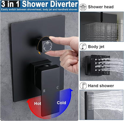 Enga 12 Inch Ceiling Mount Matte Black Shower System with Body Jets Bathroom Luxury Rain Mixer Shower Combo Set Ceiling Rainfall Shower Jets System Faucet Rough-in Valve and Trim Included