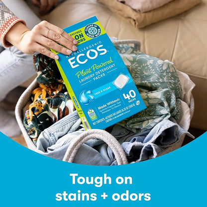 ECOS Laundry Detergent Packs, 80 Loads - 100% Plastic Free Packaging - Convenient No Mess Washing Soap Packs - Hypoallergenic for Sensitive Skin - Free & Clear