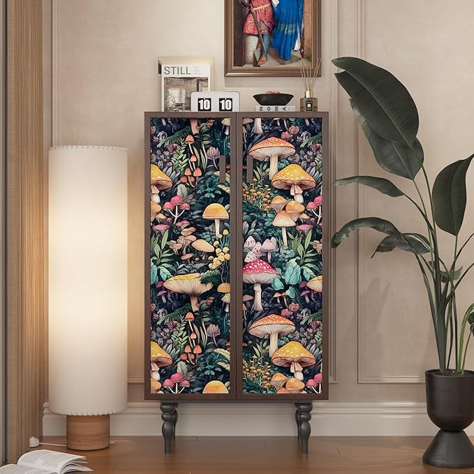 Mushroom Peel and Stick Wallpaper, Colorful Floral Contact Paper, Vintage Floral Woodland Wallpaper Stick on Bathroom Cabinet Drawer, Removable Vinyl Wallpapers Green Orange Red 17.5"x 118"