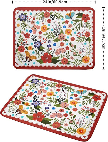 Large Microfiber Dish Drying Mat Red Floral Absorbent Drying Pad for Kitchen Counter