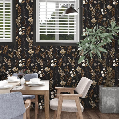 Fvlow Black Wallpaper Peel and Stick Gold Leaf Contact Paper Black Gold Wallpaper 17.4" x 394" Waterproof Self-Adhesive Wall Covering for Bedroom Countertop Desk Cabinets Decor