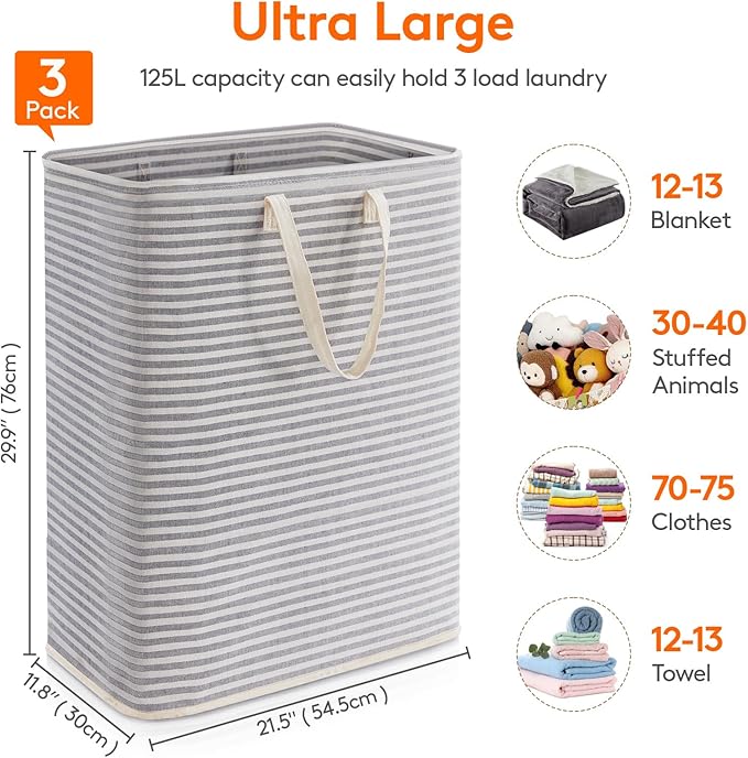 Lifewit 3 Pack Laundry Basket 125L Each, Collapsible Clothes Hamper with Reinforced Handles, Freestanding Waterproof Design for Bedroom and Laundry Room, Grey 375L Total