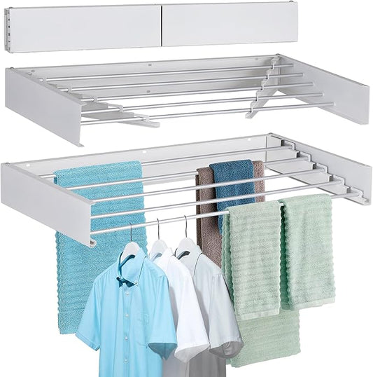 FOCHIER F Laundry Drying Rack Wall Mounted Clothes Drying Rack Collapsible with 5 Aluminum Rods and Drilling Template Long Screwdriver Bit 60 lbs Capacity (White, 31.5")