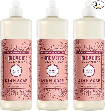 MRS. MEYER'S CLEAN DAY Liquid Dish Soap, Rose Scent, 16 Fl Oz Bottle - 3 Pack