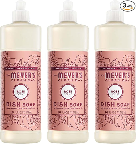 MRS. MEYER'S CLEAN DAY Liquid Dish Soap, Rose Scent, 16 Fl Oz Bottle - 3 Pack