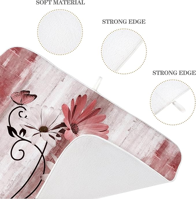 Floral Dish Drying Mat 18x24 Inches For Kitchen Counter Pink Daisy Flower Kitchen Decoration Drying Mat Modern Decorative Drying Pad For Home Kitchen Decor,Dining Room,Office Decoration