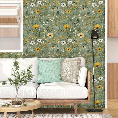 Laatse Vintage Daisy Wallpaper Peel and Stick, Green Yellow Floral Contact Paper, Botanical Wall Paper Self Adhesive Removable Waterproof for Bathroom Bedroom Shelf Cabinet Drawer Table 17.5" x 118"