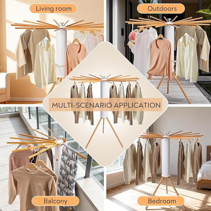Clothes Drying Rack, Foldable Wooden Tripod Drying Rack Clothing for Small Apartments Balcony Bedroom, Portable Space Saving Laundry Rack, Floor Standing with 16 Poles for Indoor Air Drying