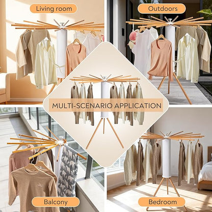 Clothes Drying Rack, Foldable Wooden Tripod Drying Rack Clothing for Small Apartments Balcony Bedroom, Portable Space Saving Laundry Rack, Floor Standing with 16 Poles for Indoor Air Drying