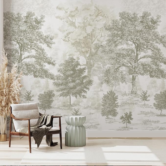 Zeeko Vintage Forest Wall Murals Peel and Stick 177" W x 110" H Beige Tree Wallpaper Self-Adhesive Large Nature Landscapes Murals Canvas Wall Decor for Bedroom Bathroom