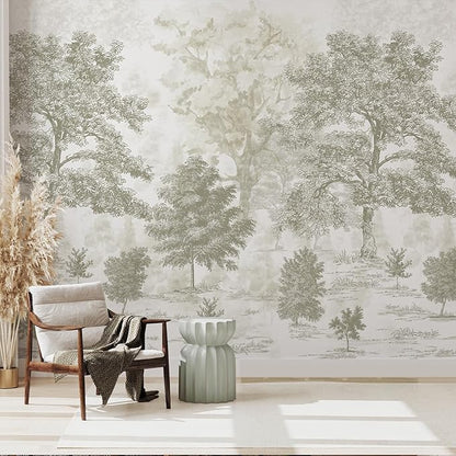 Zeeko Vintage Forest Wall Murals Peel and Stick 177" W x 110" H Beige Tree Wallpaper Self-Adhesive Large Nature Landscapes Murals Canvas Wall Decor for Bedroom Bathroom