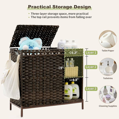 Laundry Hamper with Lid, 110L (29.1 Gal) Rattan Laundry Hamper 2 Section with 50L (13.2 Gal) Storage Shelf, Wicker Woven Laundry Sorter Basket with 3 Liner Bags and Handles, Brown GLH002BR