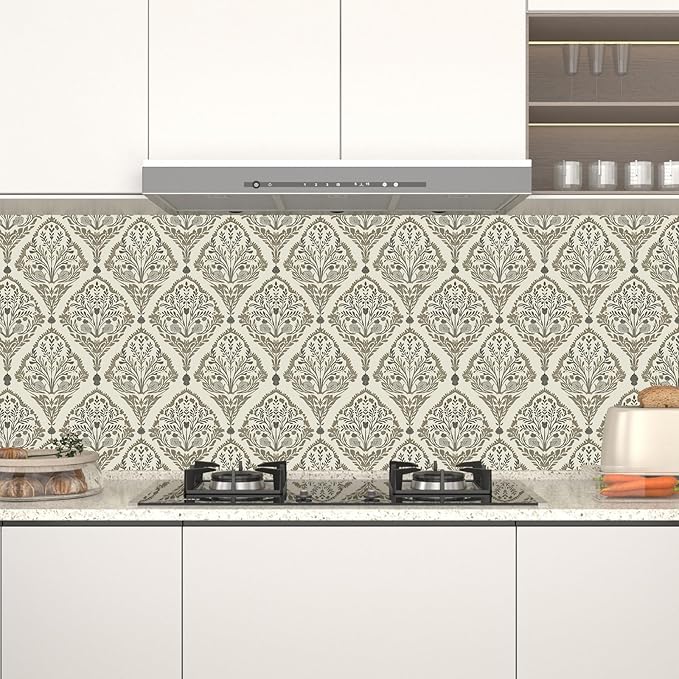 Vintage Khaki Leaf Symmetrical Wallpaper Peel and Stick 17.5" x 118" Simple Beige Floral Pattern Self Adhesive Cantact Paper, Waterproof Removable Vinyl Wall Covering for Bedroom Living Room Cabinet.